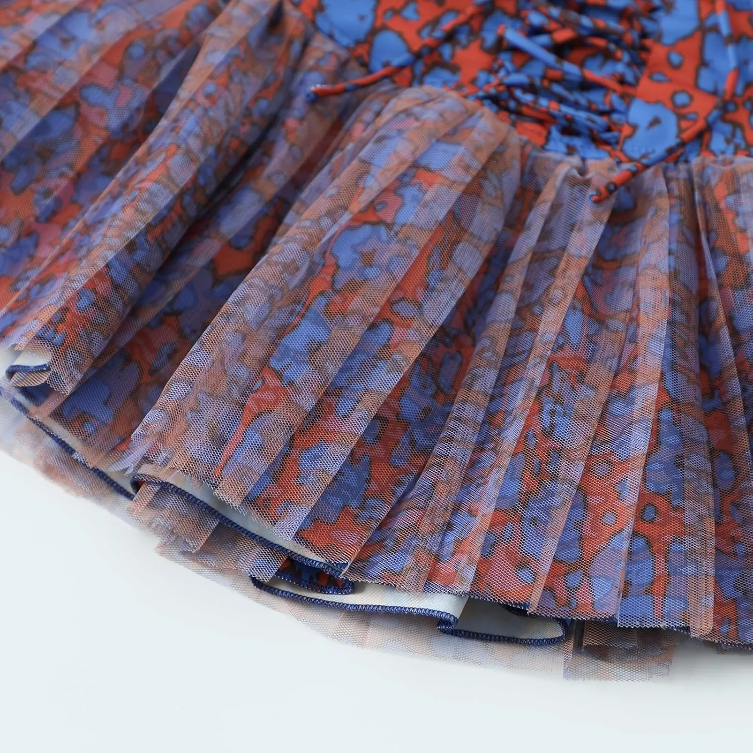 HOXIJIA Women Y2K Floral Print Mini Skirt Cute Bow Tie Front Mesh Sheer Short Skirt Casual Pleated Ruffle Hem Bubble Skirt