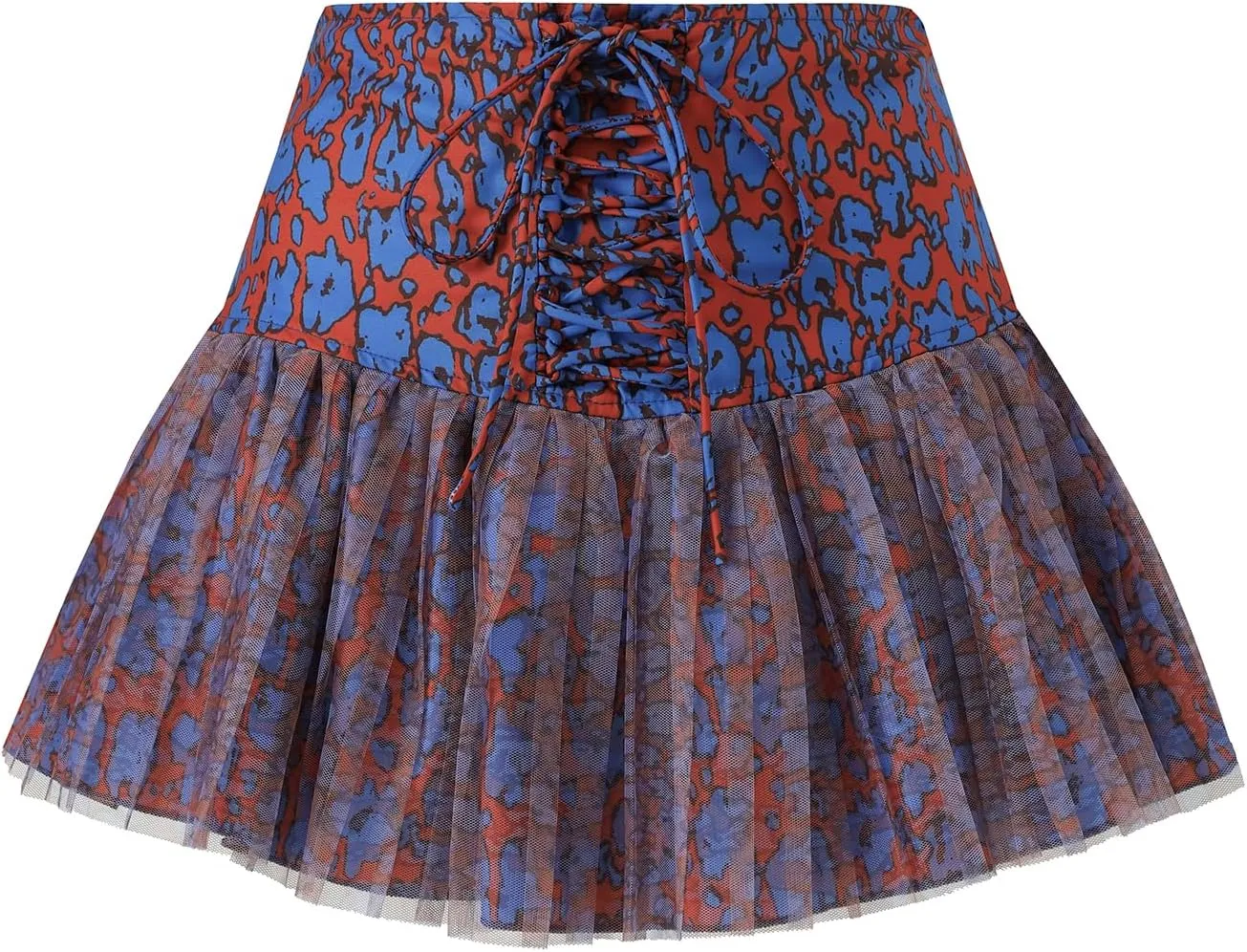 HOXIJIA Women Y2K Floral Print Mini Skirt Cute Bow Tie Front Mesh Sheer Short Skirt Casual Pleated Ruffle Hem Bubble Skirt