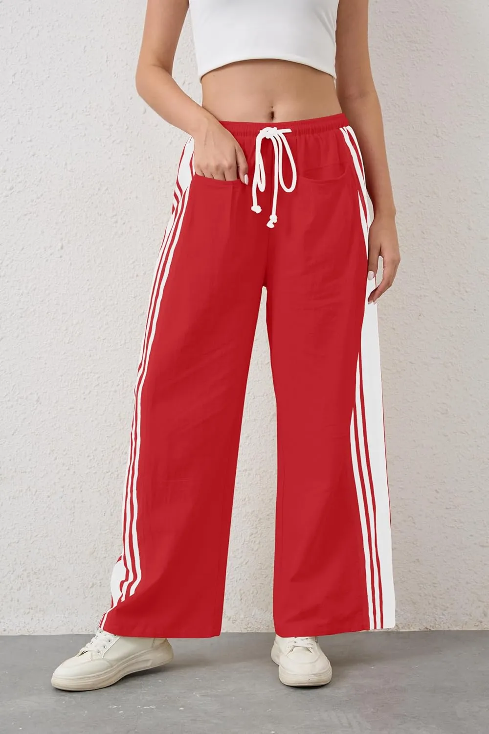 Hudson Canyon Striped Pants for Women Wide Leg Drawstring Waist High Rise Pant Baggy Casual Trousers with Pockets