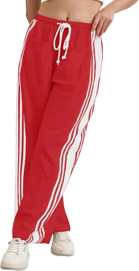 Hudson Canyon Striped Pants for Women Wide Leg Drawstring Waist High Rise Pant Baggy Casual Trousers with Pockets