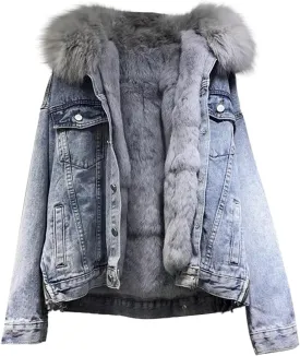 Kubbon Women Denim Jacket Shaggy Sherpa Fleece Lined Distressed Jackets Causal Thick Warm Jean Jacket Coat with Faux Fur Hood