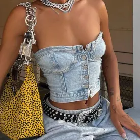 LANFUBEISI Women's Button Down Denim Bustier Crop Top Strapless Jeans Corset Top Backles Push Up Tank Tops Vintage Harajuku Streetwear