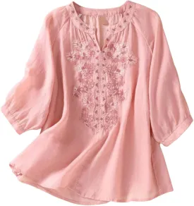Linen Shirts for Women, 3/4 Sleeve Length Tops Summer 2025 Casual V Neck Blouse Trendy Embroidered Boho Tunics