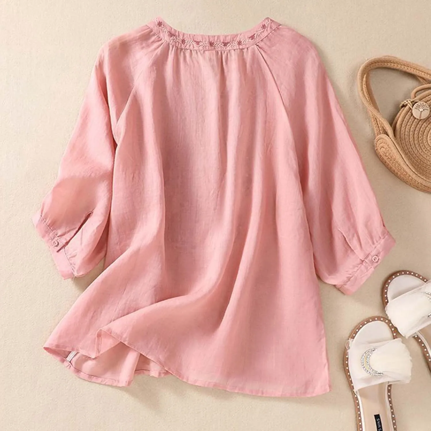 Linen Shirts for Women, 3/4 Sleeve Length Tops Summer 2025 Casual V Neck Blouse Trendy Embroidered Boho Tunics