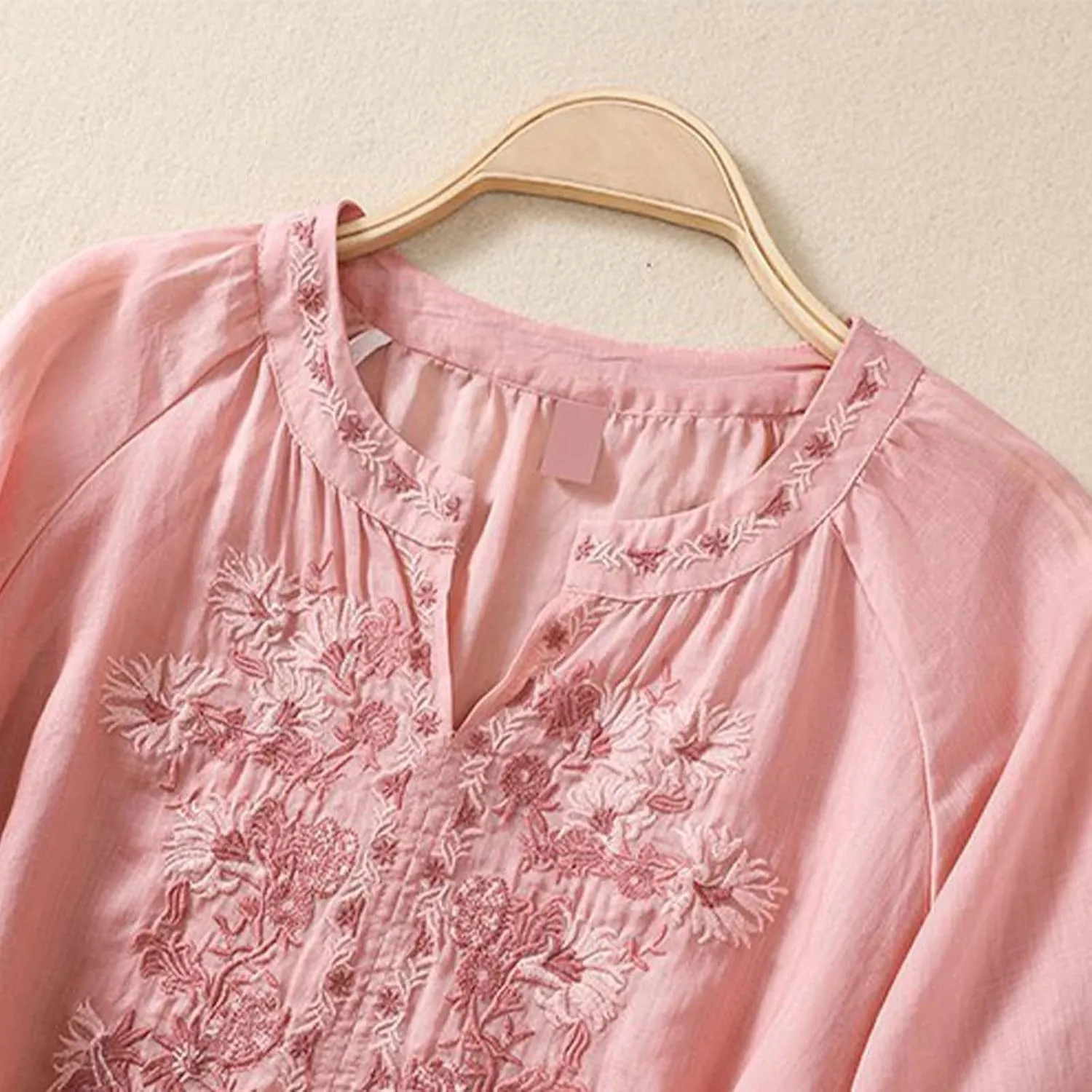 Linen Shirts for Women, 3/4 Sleeve Length Tops Summer 2025 Casual V Neck Blouse Trendy Embroidered Boho Tunics