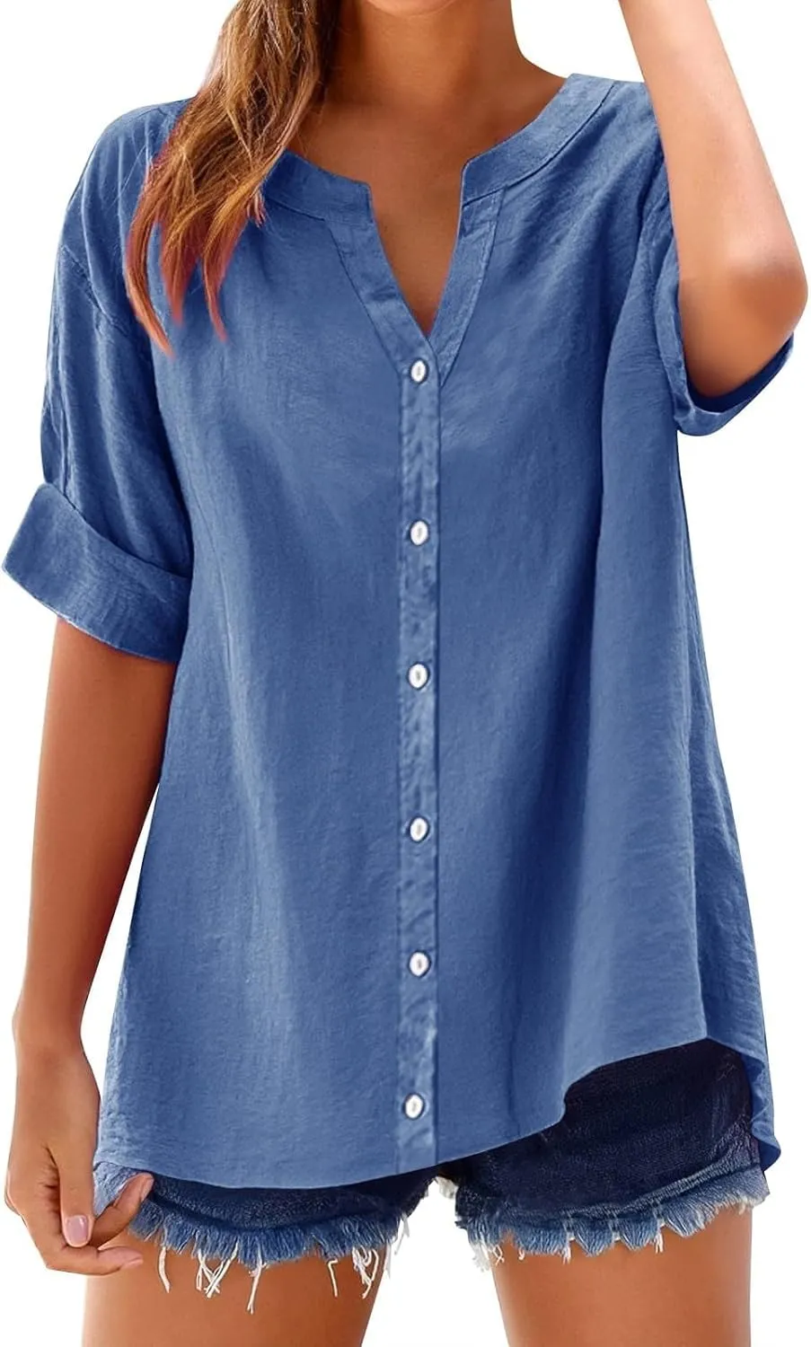 Linen Shirts for Women V Neck Button Down Blouse Roll Up Short Sleeve Tunics Vintage Beach Tops Travel Clothes
