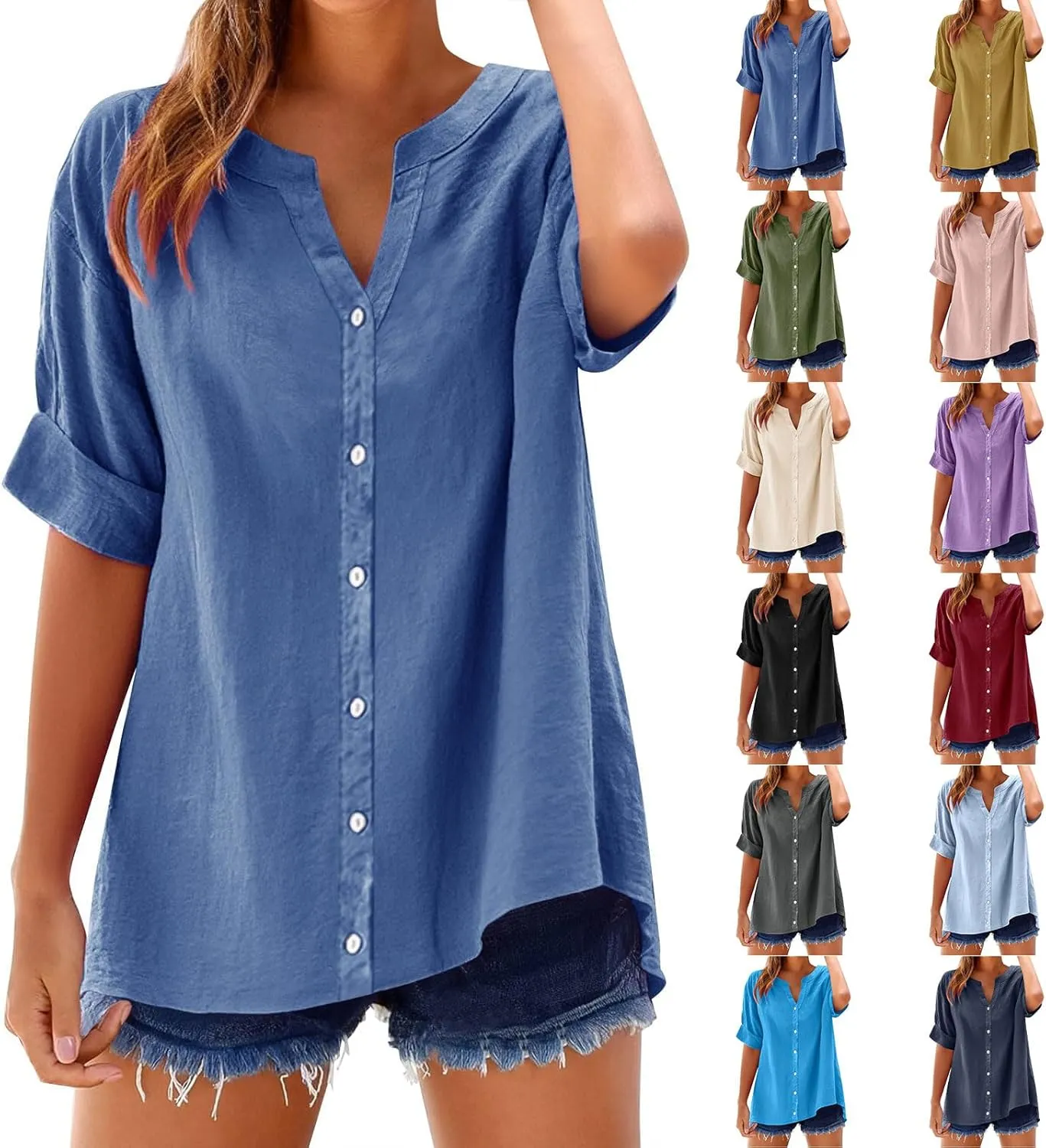 Linen Shirts for Women V Neck Button Down Blouse Roll Up Short Sleeve Tunics Vintage Beach Tops Travel Clothes