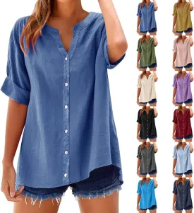 Linen Shirts for Women V Neck Button Down Blouse Roll Up Short Sleeve Tunics Vintage Beach Tops Travel Clothes