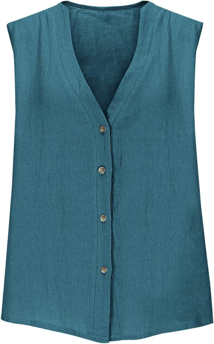Linen Tops for Women Summer Casual Dressy Clothes Trendy Sleeveless V Neck Button Down Shirt 2025