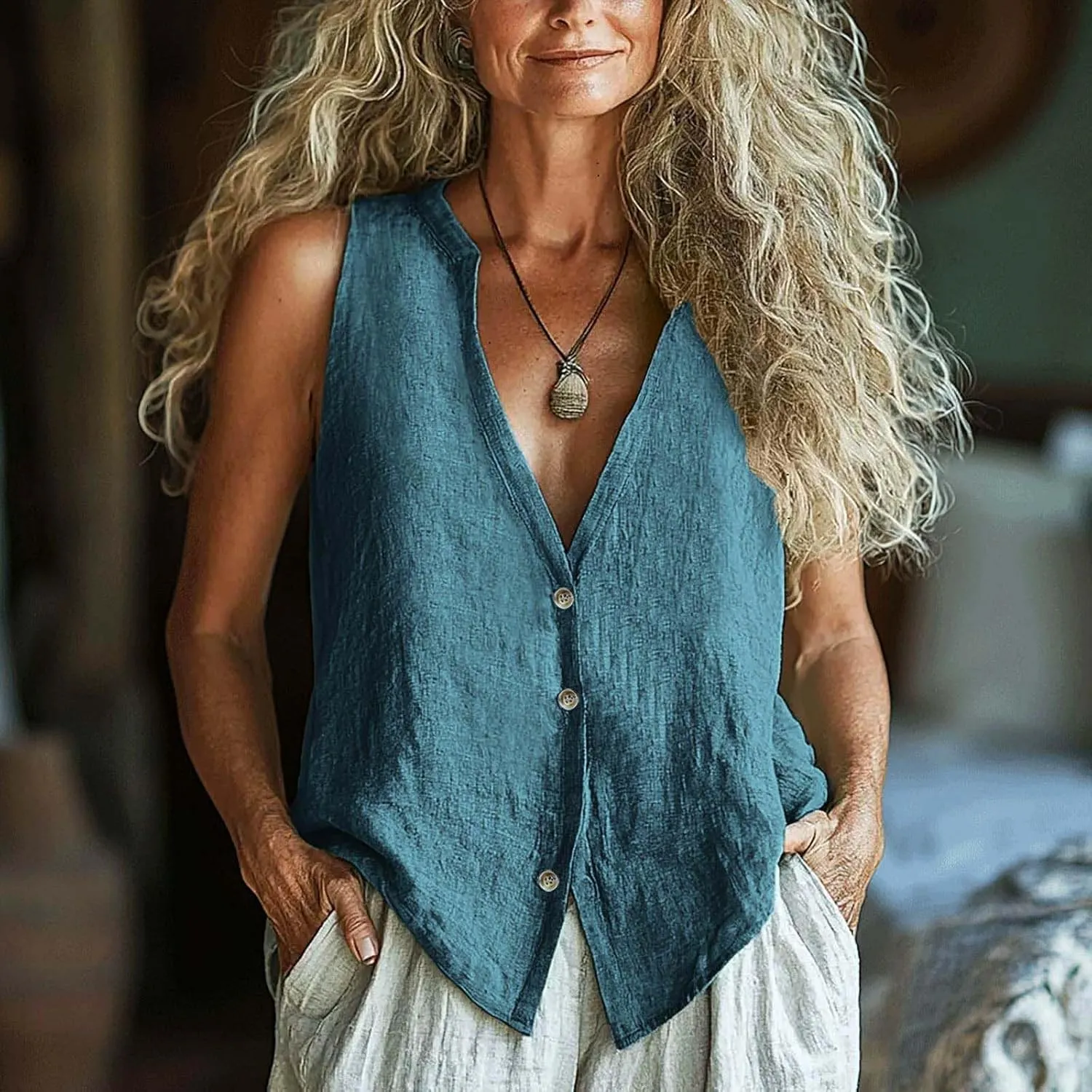 Linen Tops for Women Summer Casual Dressy Clothes Trendy Sleeveless V Neck Button Down Shirt 2025
