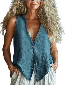 Linen Tops for Women Summer Casual Dressy Clothes Trendy Sleeveless V Neck Button Down Shirt 2025
