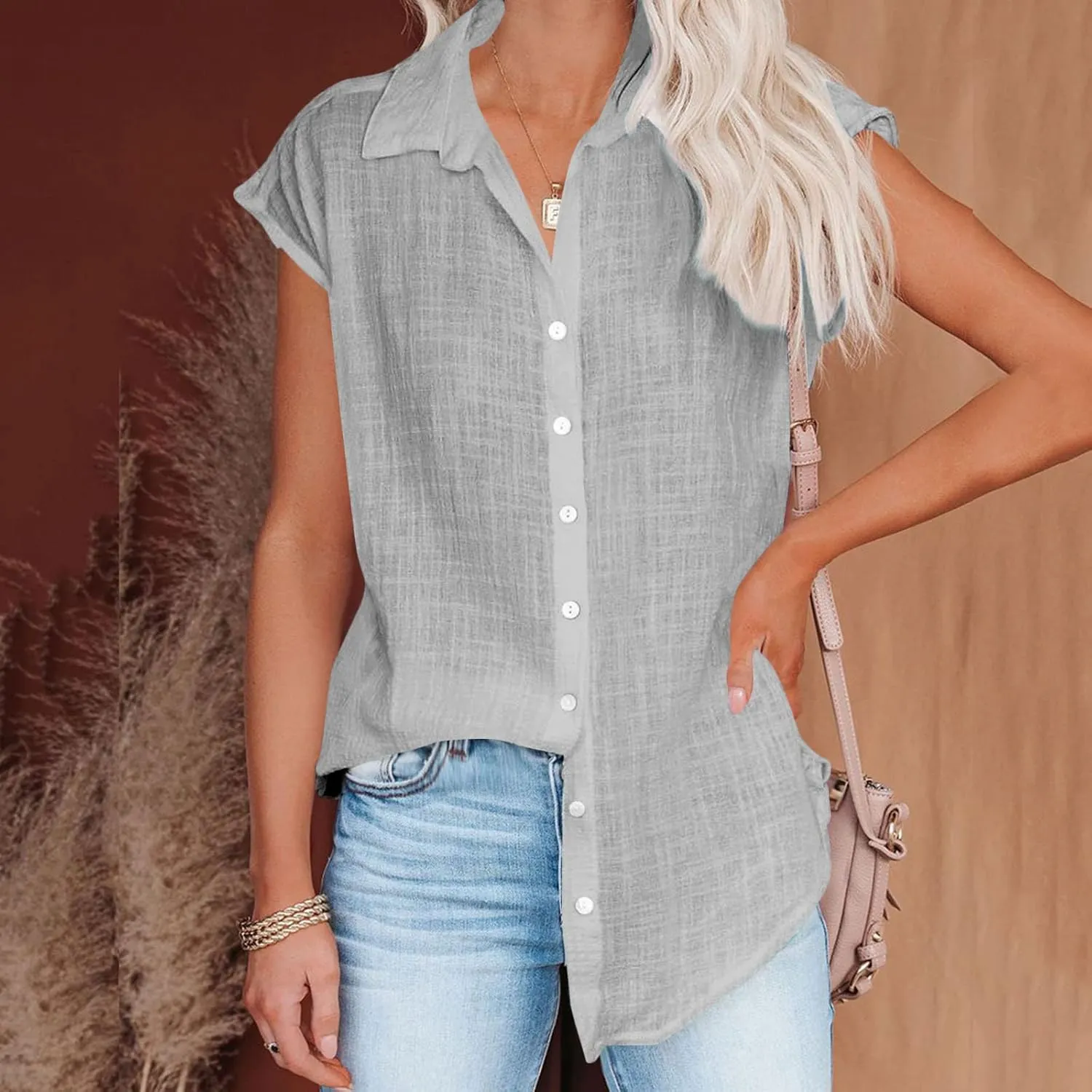 LRMQS Linen Shirts for Women Summer 2024 Button Down Lapel Cap Sleeve Shirt Tops Casual Beach Trendy Cotton Gauze Clothing