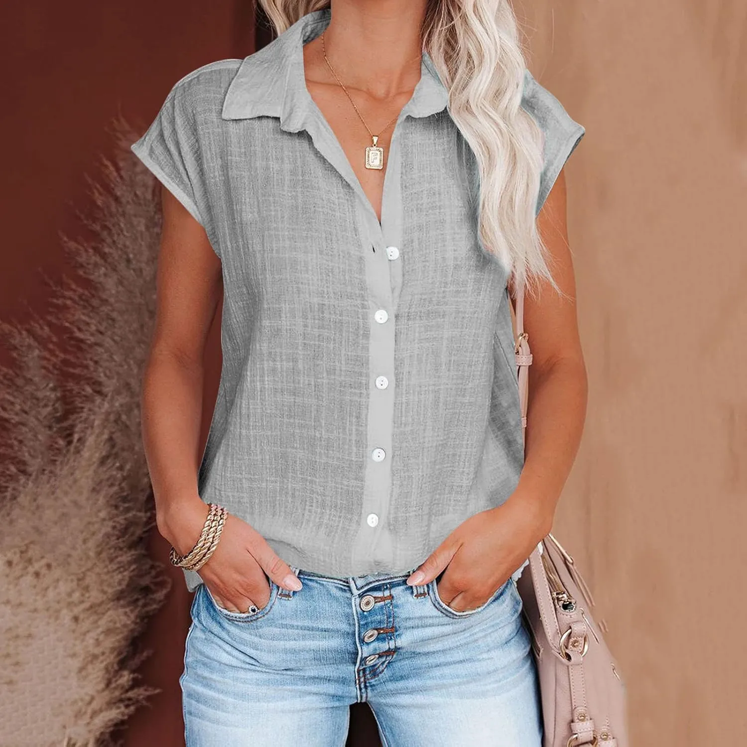 LRMQS Linen Shirts for Women Summer 2024 Button Down Lapel Cap Sleeve Shirt Tops Casual Beach Trendy Cotton Gauze Clothing