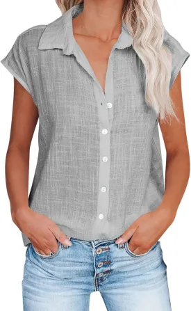 LRMQS Linen Shirts for Women Summer 2024 Button Down Lapel Cap Sleeve Shirt Tops Casual Beach Trendy Cotton Gauze Clothing