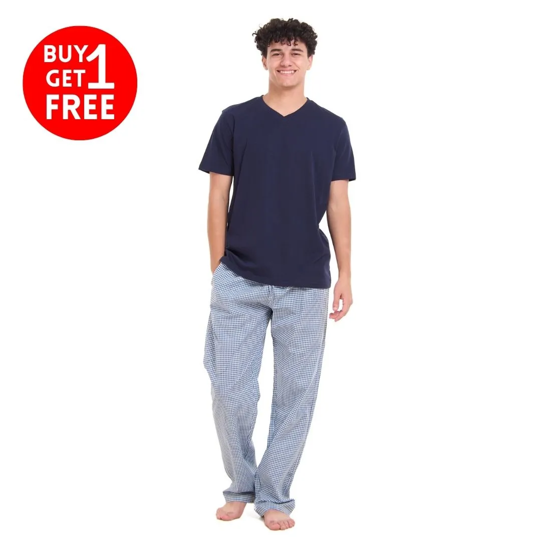 Men summer pajama set Dark blue T-shirt  Dark Blue x White Checkered Pants