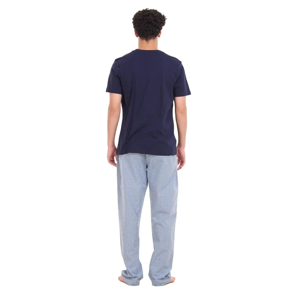 Men summer pajama set Dark blue T-shirt  Dark Blue x White Checkered Pants