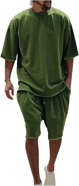 Men's 2 Piece Outfits Casual Tracksuit Cargo Shorts Summer Athletic Drop Shoulder Sleeve Sportwear Set Round-Neck Solid Suits