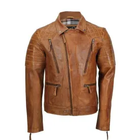 Men's Tan Color Sheep Leather Vintage Style Biker Fashion Casual Leather Jacket