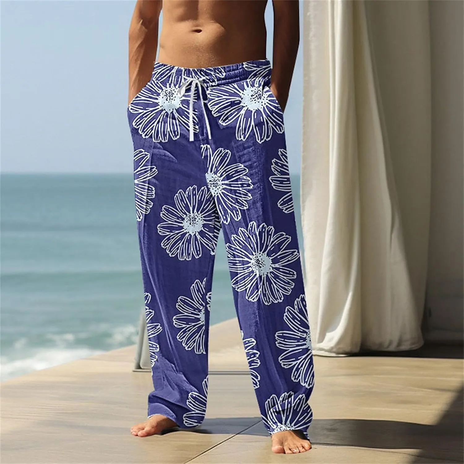 Men's Tropical Coconut Sweatpants Hawaiian Beach Vacation Pants Comfy Lounge Breathable Relaxed Fit Drawstring
