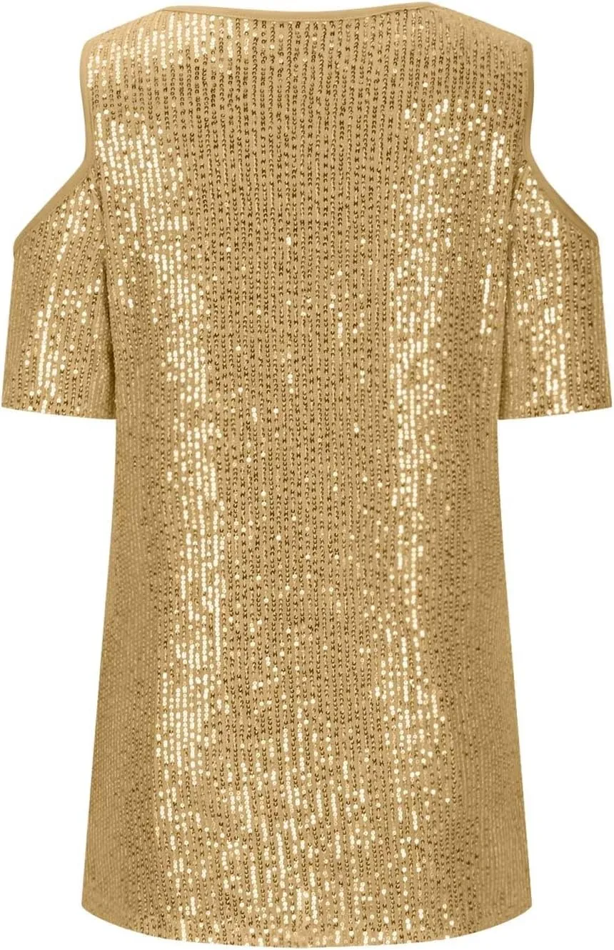 Party Night Sequin T Shirts Summer Short Sleeve Tops Off Shoulder Glitter Sparkly Blouse Loose Fit Shirts Going Out