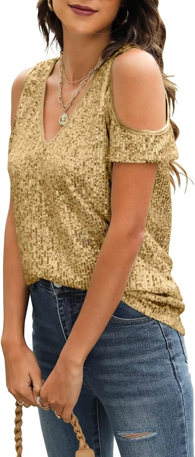 Party Night Sequin T Shirts Summer Short Sleeve Tops Off Shoulder Glitter Sparkly Blouse Loose Fit Shirts Going Out