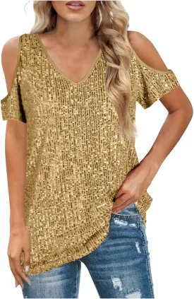 Party Night Sequin T Shirts Summer Short Sleeve Tops Off Shoulder Glitter Sparkly Blouse Loose Fit Shirts Going Out