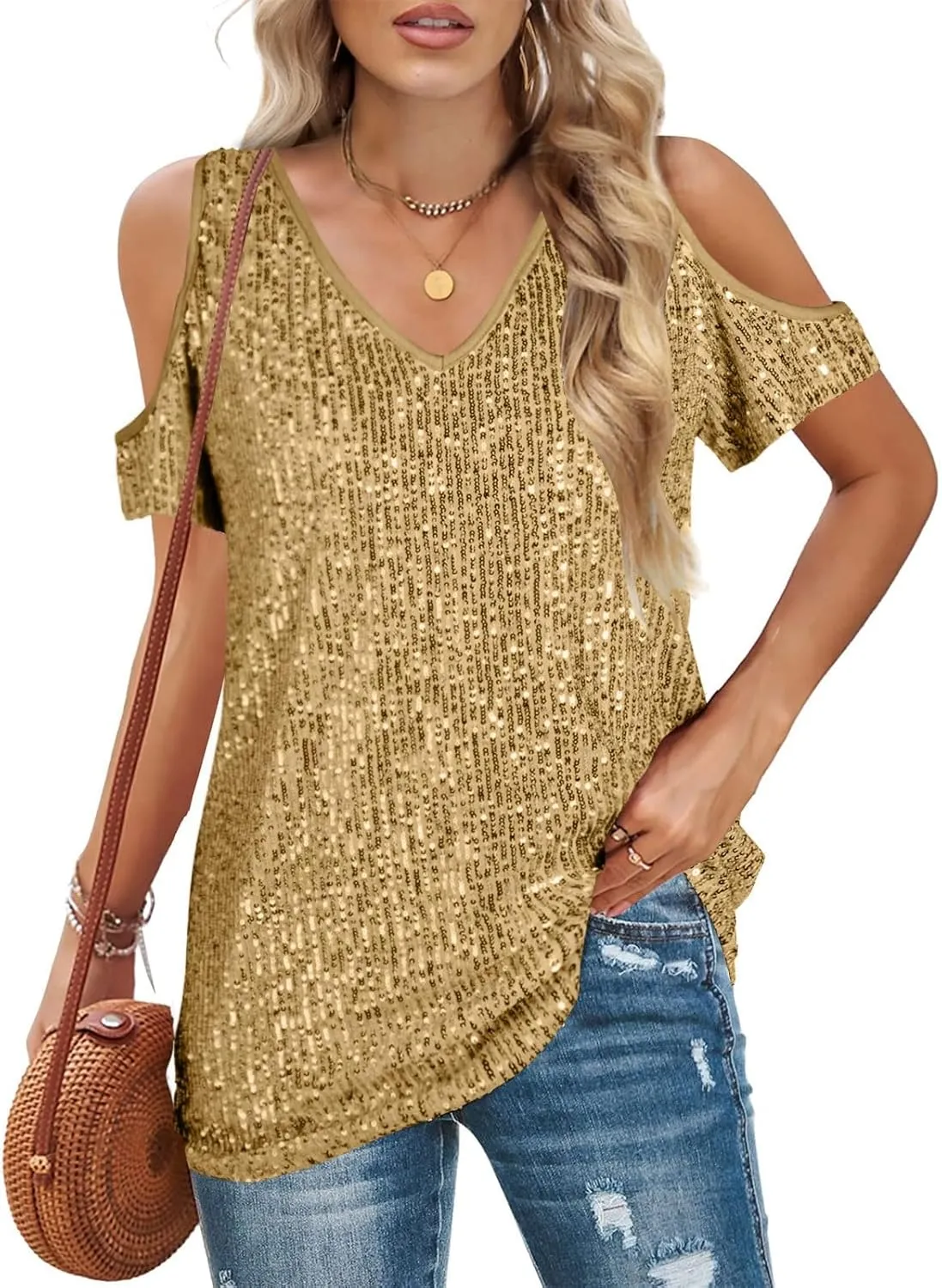 Party Night Sequin T Shirts Summer Short Sleeve Tops Off Shoulder Glitter Sparkly Blouse Loose Fit Shirts Going Out