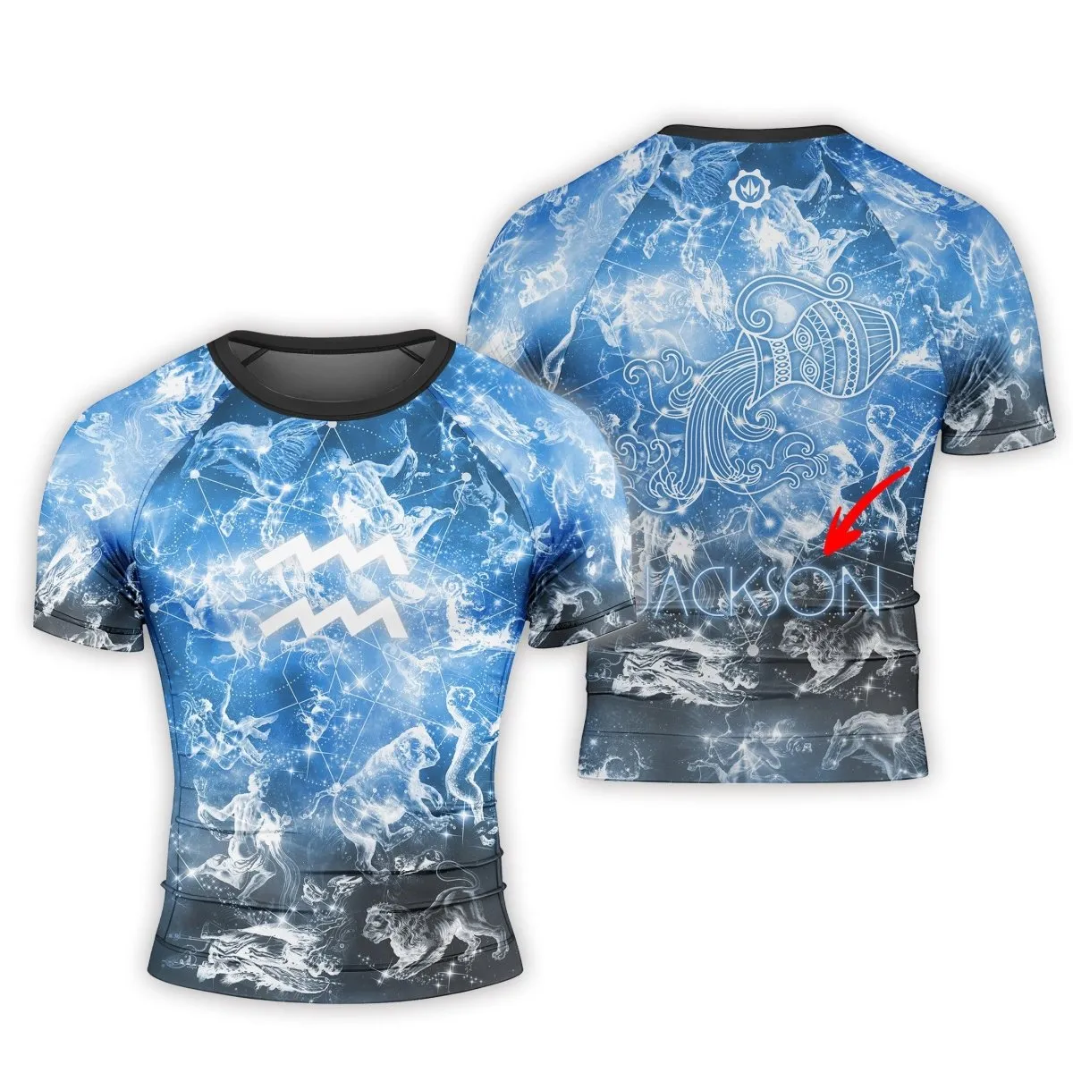 Personalized Zodiac Aquarius Short Sleeve Rash Guard