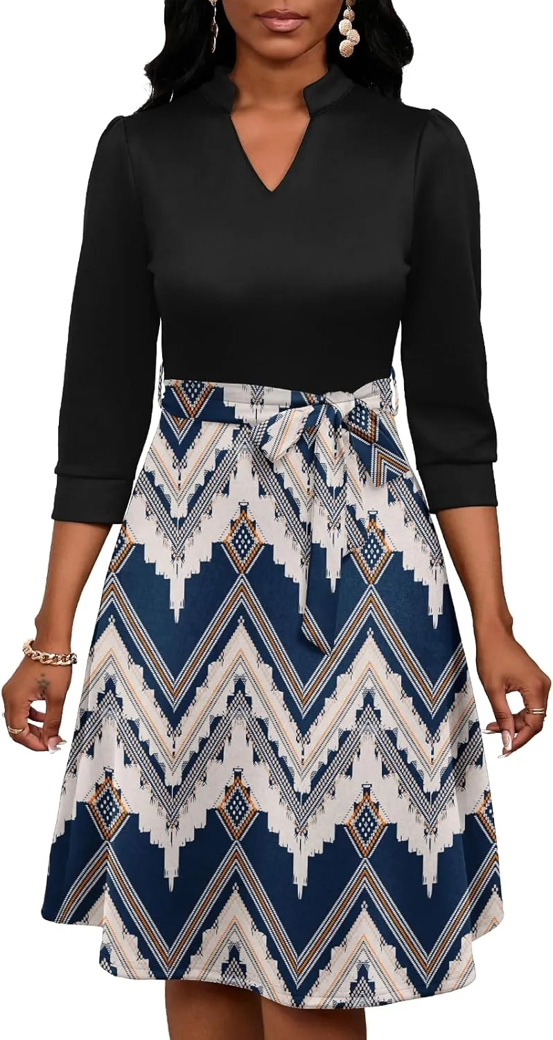 PerZeal Women's Casual Flowy A-Line Midi Dress Flared V-Neck Colorblock Print for Wedding Guest 3/4 Sleeve Dress with Belt