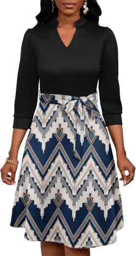 PerZeal Women's Casual Flowy A-Line Midi Dress Flared V-Neck Colorblock Print for Wedding Guest 3/4 Sleeve Dress with Belt
