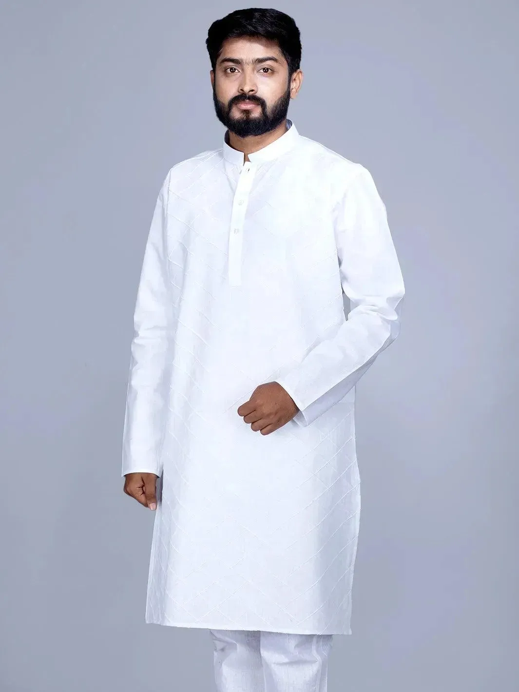 Pintucks Organic Cotton White Men Long Kurta