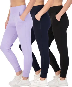 Real Essentials 3 Pack: Women's Joggers with Pockets - High Waist Workout Yoga Tapered Athletic Leggings (Available in Plus)