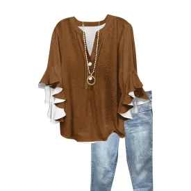 Ruffle 3/4 Length Sleeve Womens Tops,Summer Button V Neck Shirts Vintage Blouse Casual Loose Tunic Tops Graphic Tees