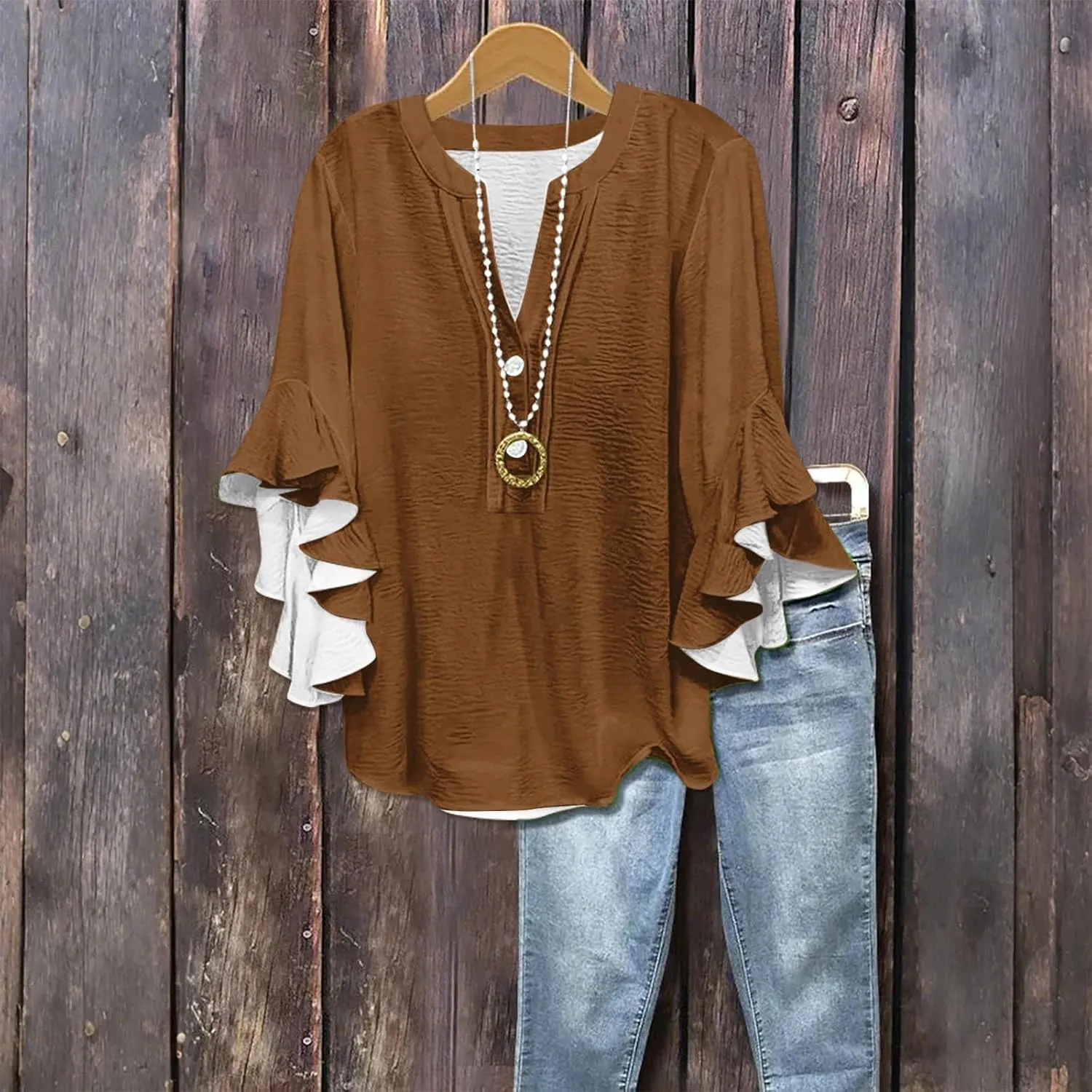 Ruffle 3/4 Length Sleeve Womens Tops,Summer Button V Neck Shirts Vintage Blouse Casual Loose Tunic Tops Graphic Tees