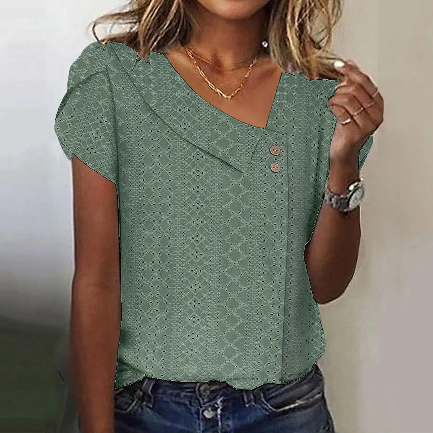 Shirts for Women Trendy Summer 2024 Petal Short Sleeve v Neck Petite Tops Cute Lace Eyelet Blouses Dressy Casual
