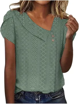 Shirts for Women Trendy Summer 2024 Petal Short Sleeve v Neck Petite Tops Cute Lace Eyelet Blouses Dressy Casual