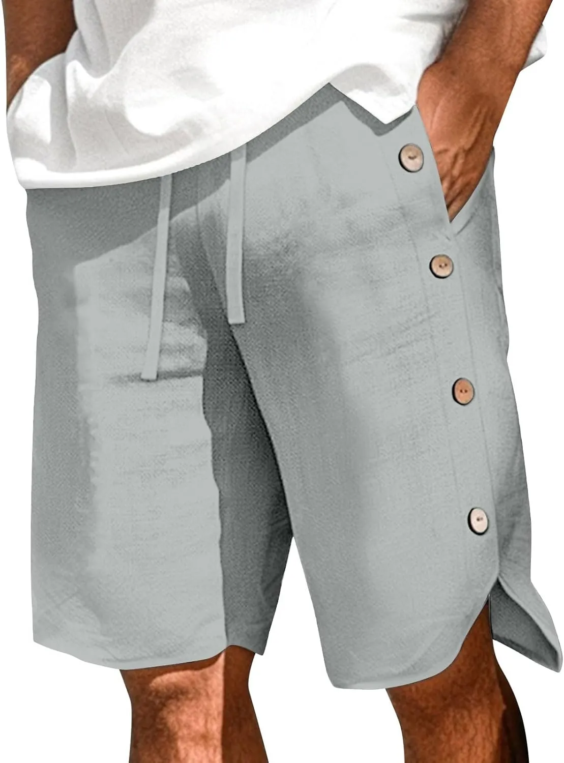 Shorts for Men Elastic Waist Side Buttons and Split Bermuda Shorts Summer Casual Faux Cotton Linen 5 Inch Pants with Pockets