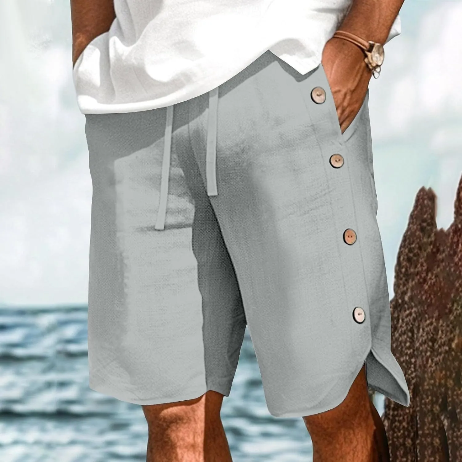 Shorts for Men Elastic Waist Side Buttons and Split Bermuda Shorts Summer Casual Faux Cotton Linen 5 Inch Pants with Pockets
