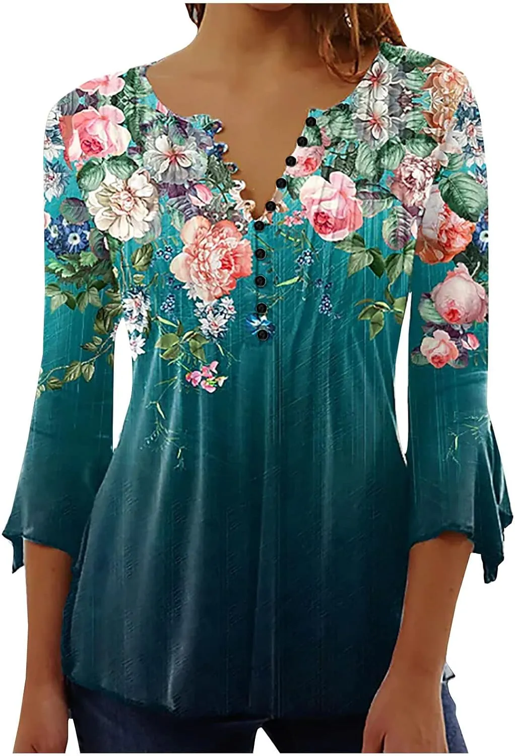 SMIDOW Women 3/4 Sleeve Graphic Tunic Tops Trendy 2024 Summer Casual v Neck Empire Waist t-Shirt Blouse