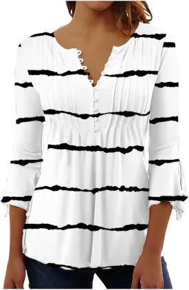 SMIDOW Women 3/4 Sleeve Graphic Tunic Tops Trendy 2024 Summer Casual v Neck Empire Waist t-Shirt Blouse