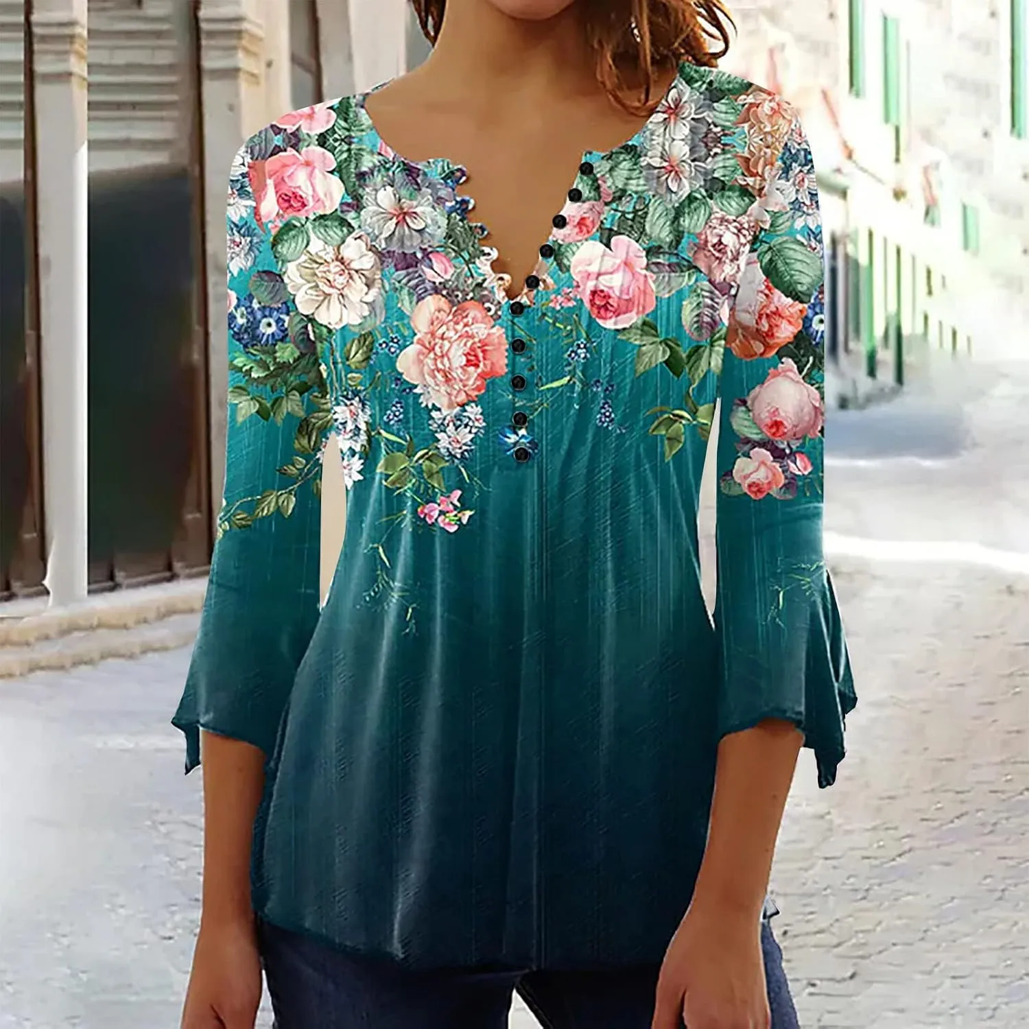 SMIDOW Women 3/4 Sleeve Graphic Tunic Tops Trendy 2024 Summer Casual v Neck Empire Waist t-Shirt Blouse