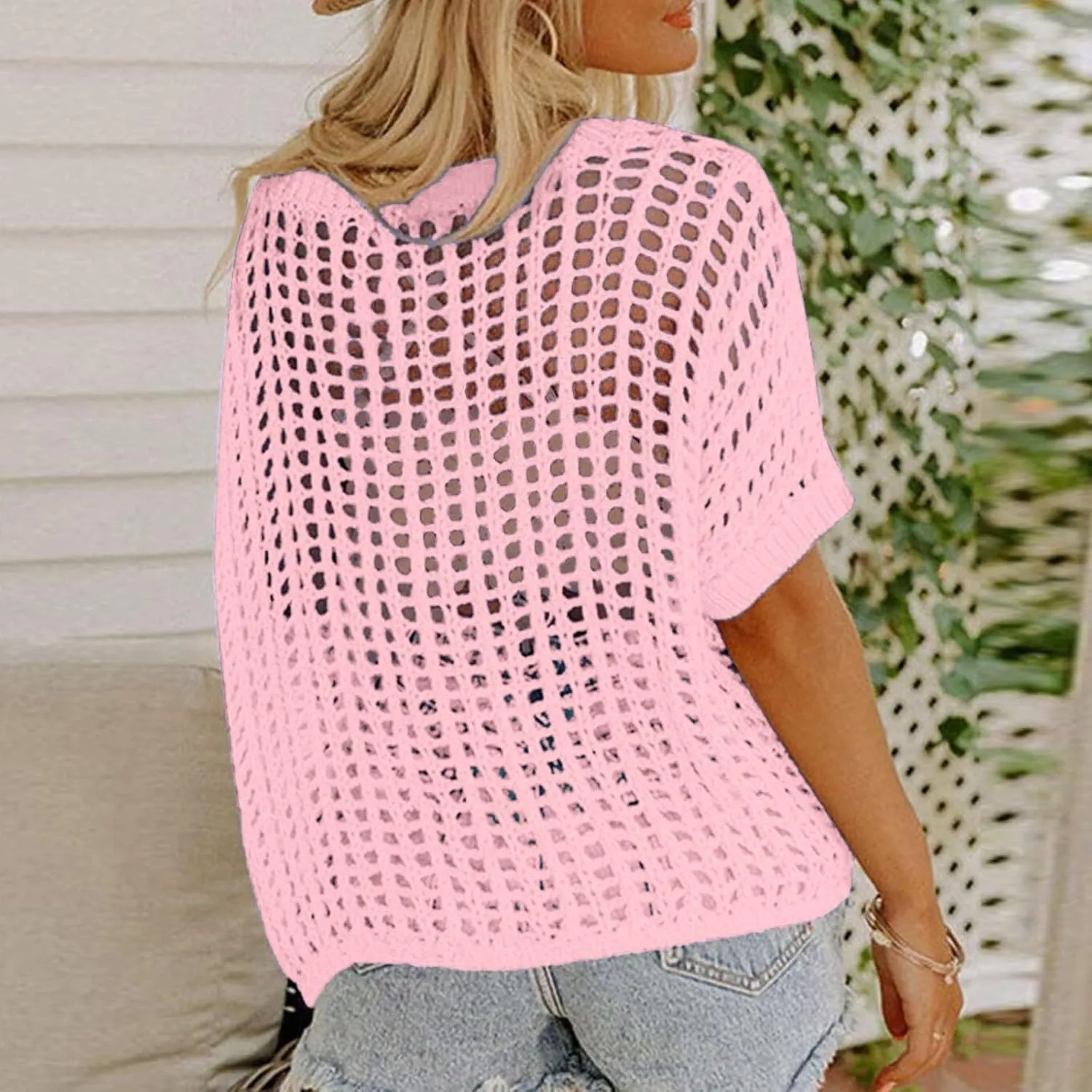 Summer Crochet Tops for Women Loose Off The Shoulder Shirts Hollow Out Knit Short Sleeve Sweater Top Beach Coverup