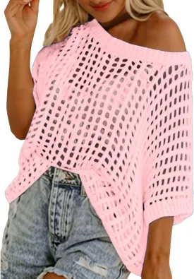 Summer Crochet Tops for Women Loose Off The Shoulder Shirts Hollow Out Knit Short Sleeve Sweater Top Beach Coverup