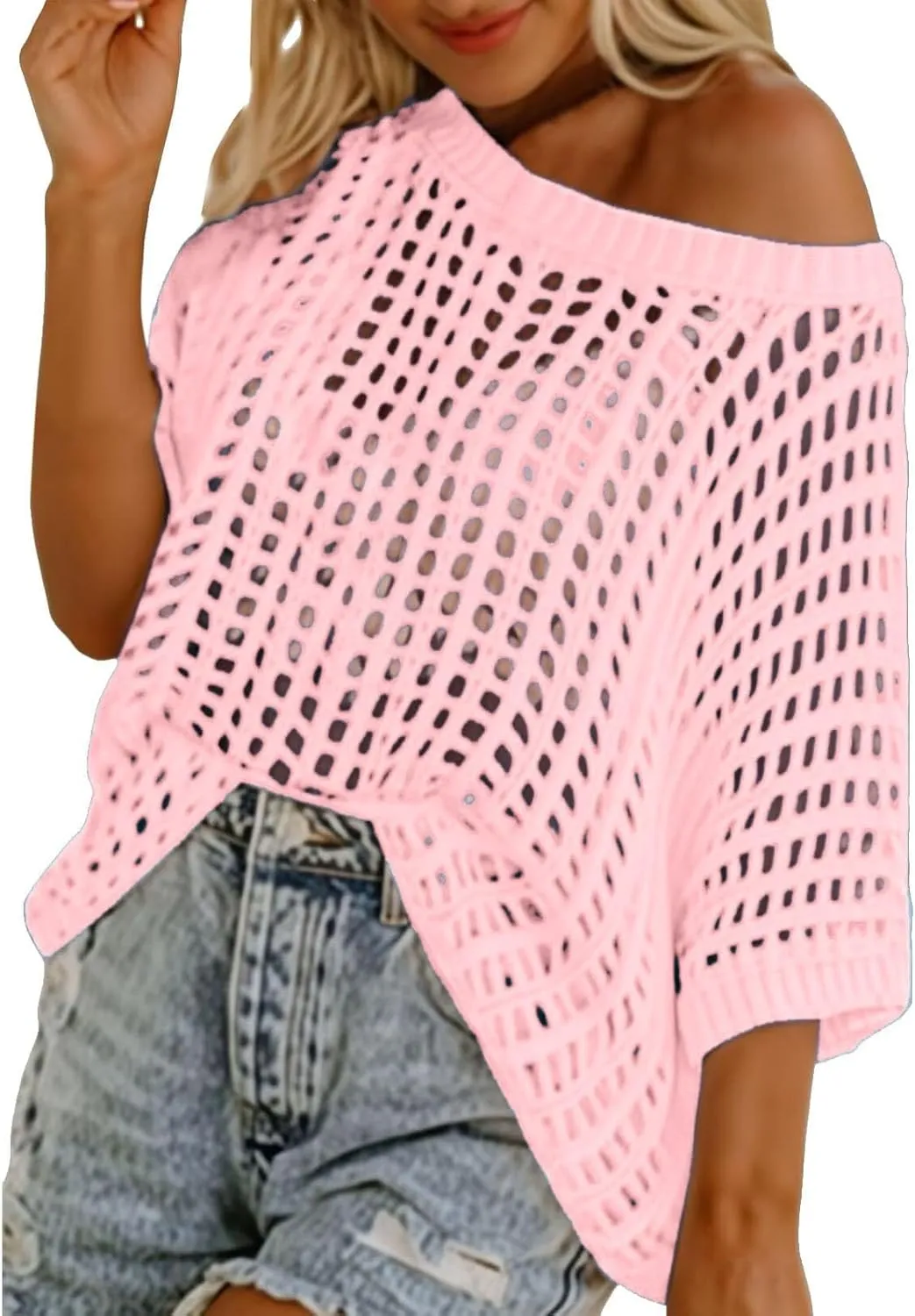 Summer Crochet Tops for Women Loose Off The Shoulder Shirts Hollow Out Knit Short Sleeve Sweater Top Beach Coverup