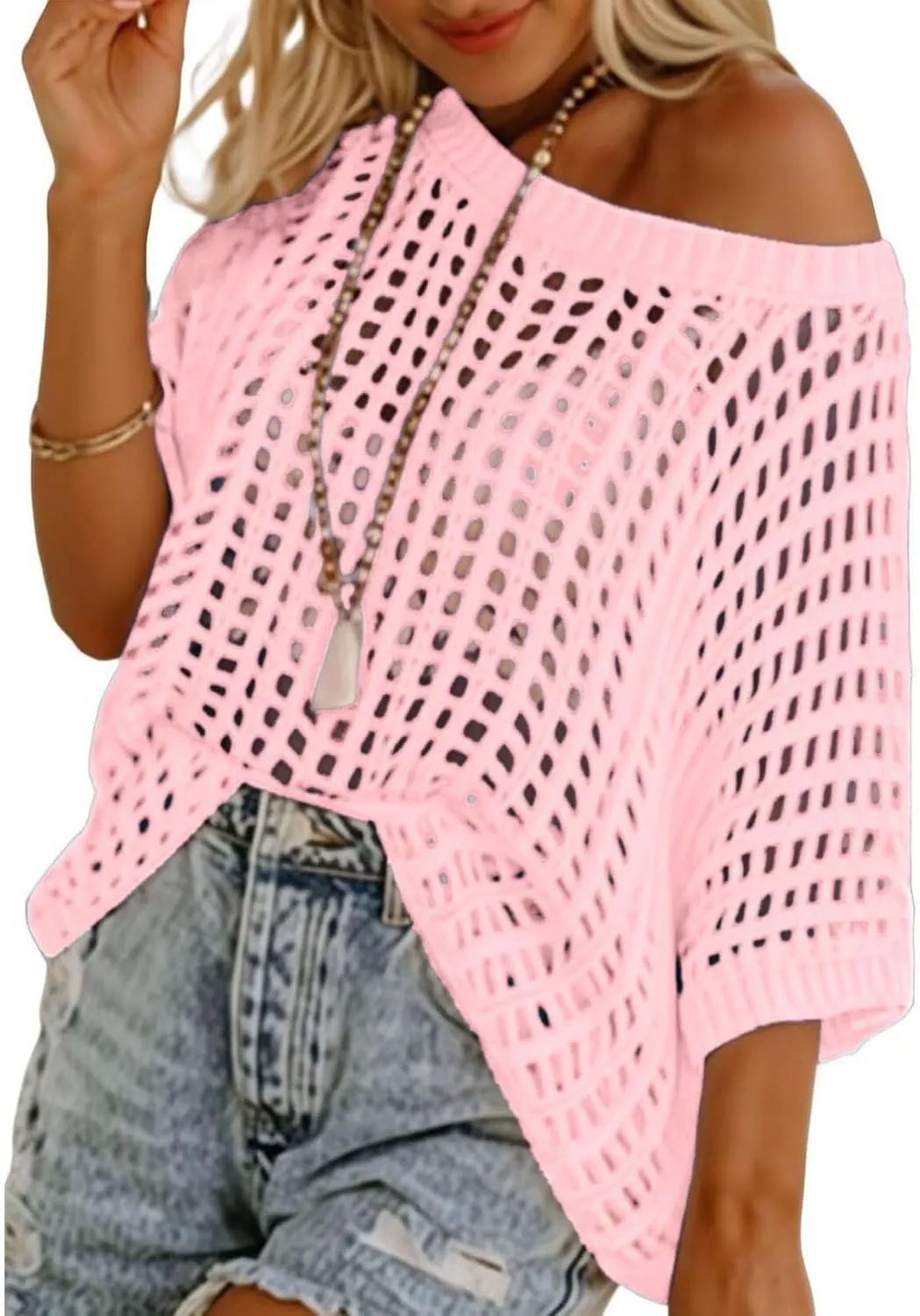 Summer Crochet Tops for Women Loose Off The Shoulder Shirts Hollow Out Knit Short Sleeve Sweater Top Beach Coverup