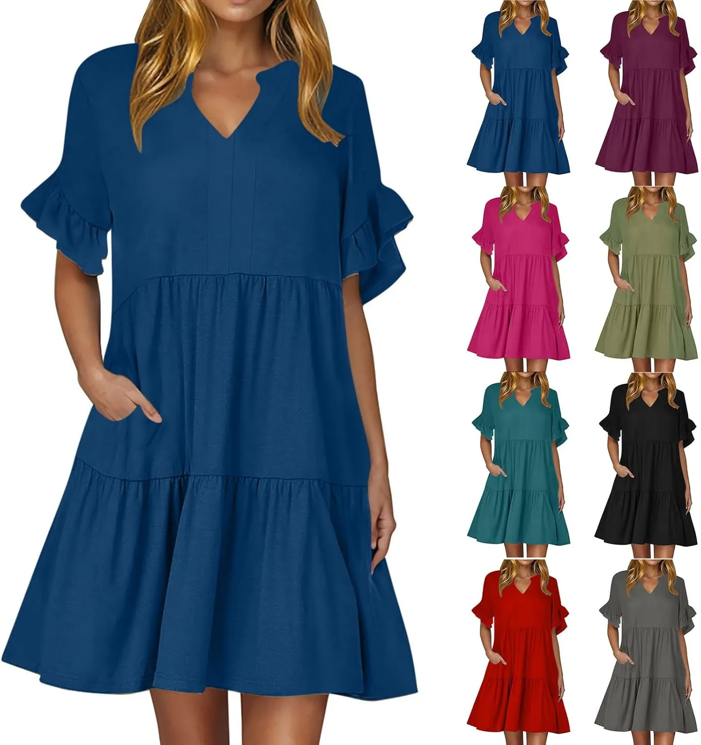 Summer Dresses for Women Casual Ruffle Sleeve Button Down Shirt Dress Tiered Flowy Shift Sundresses with Pockets