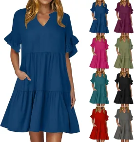 Summer Dresses for Women Casual Ruffle Sleeve Button Down Shirt Dress Tiered Flowy Shift Sundresses with Pockets