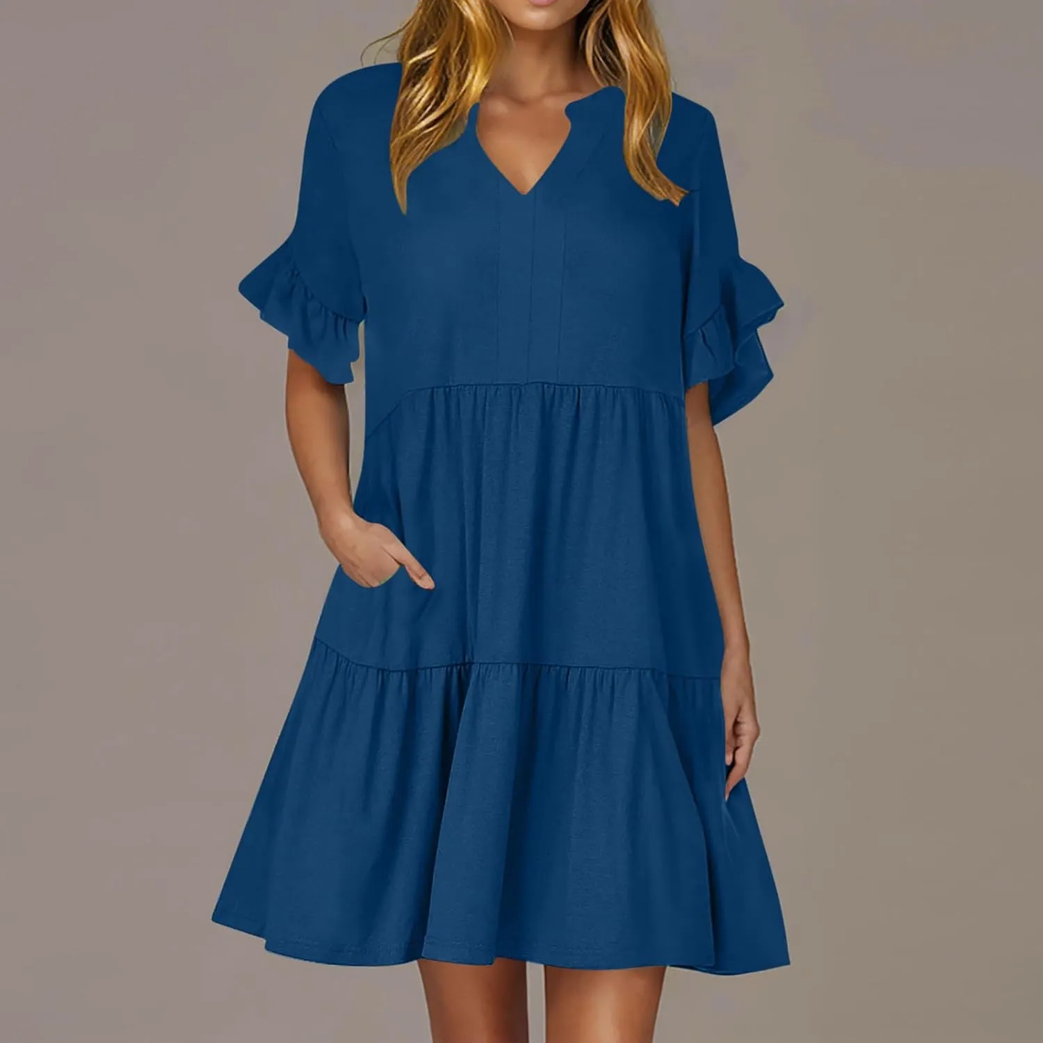 Summer Dresses for Women Casual Ruffle Sleeve Button Down Shirt Dress Tiered Flowy Shift Sundresses with Pockets