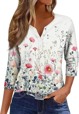 Summer Tops for Women 2025 Dressy Casual Boho 3/4 Sleeve Tunics Loose Fit T Shirts Trendy V Neck Button Down Blouses