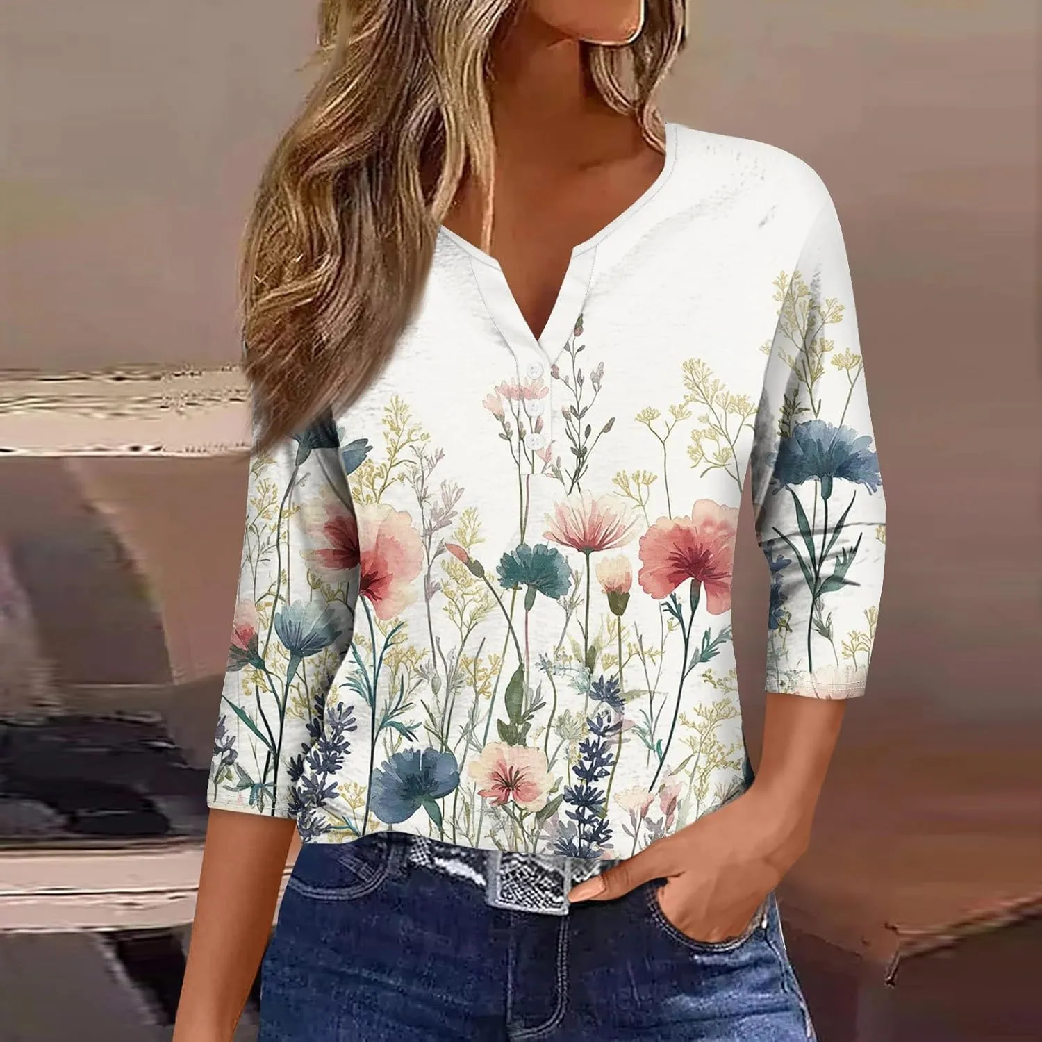 Summer Tops for Women 2025 Dressy Casual Boho 3/4 Sleeve Tunics Loose Fit T Shirts Trendy V Neck Button Down Blouses